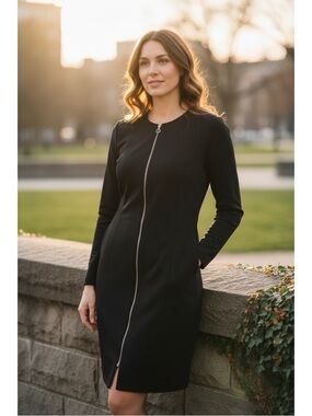 Marc Cain Sport Black Zip-Front Long Sleeve Midi Dress with Back peplum Lg